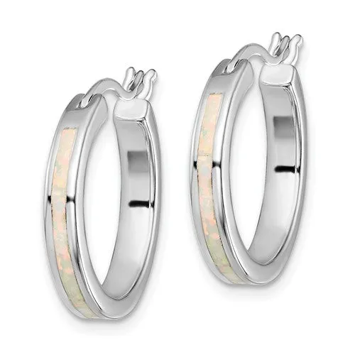 Sterling Silver White Created Opal Inlay Hoop Earrings