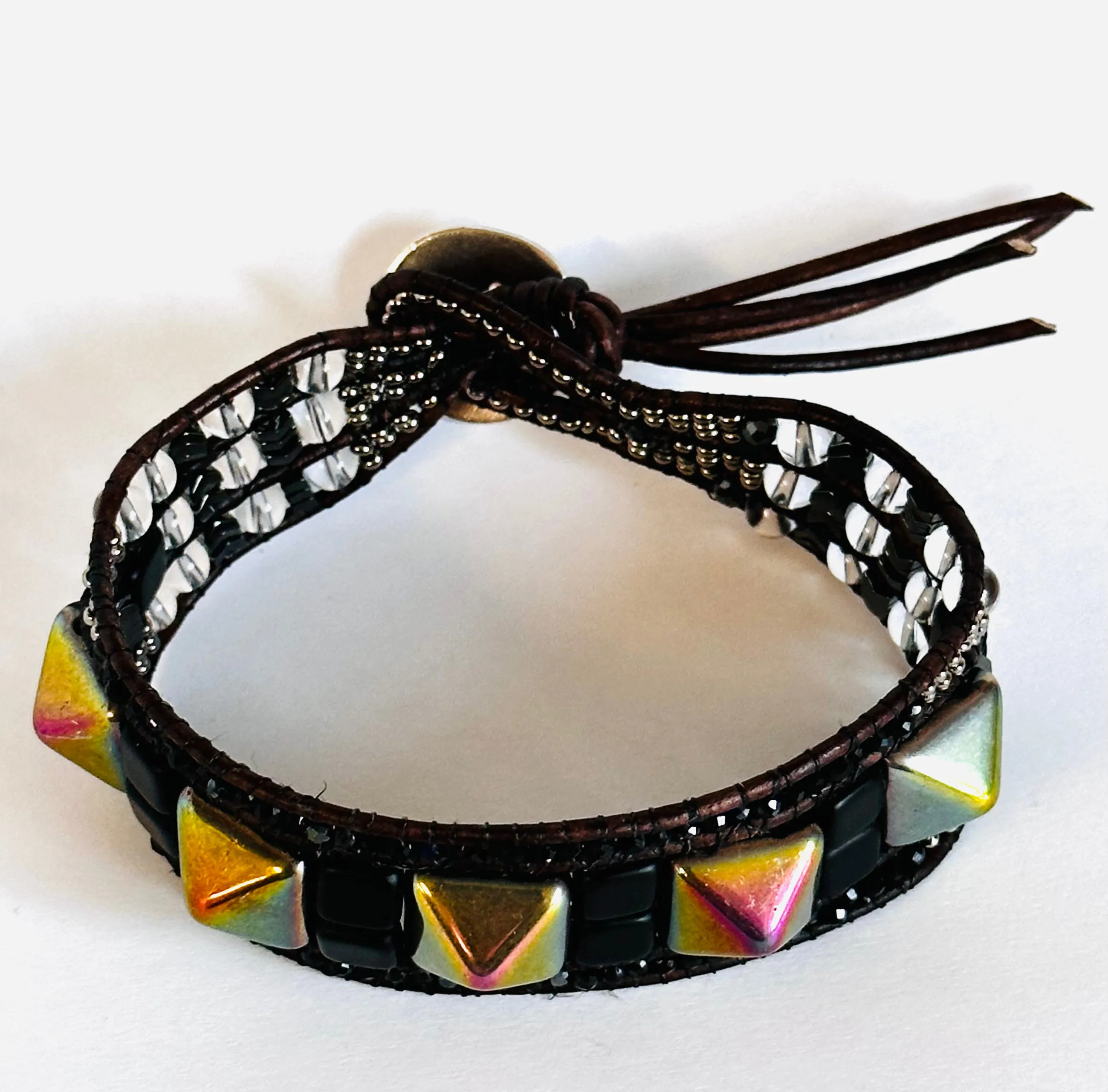 Stud Leather Bracelet, Leather Cuff Wrap Gemstone Bracelet-Power Bracelet