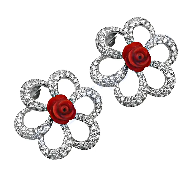 Stunning Rose Flower Gemstone Silver Earrings with CZ Synthetic Coral