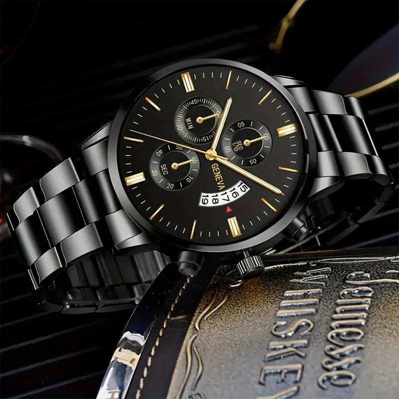 Stylish Stainless Steel Quartz Watch  Bracelet Set for Men