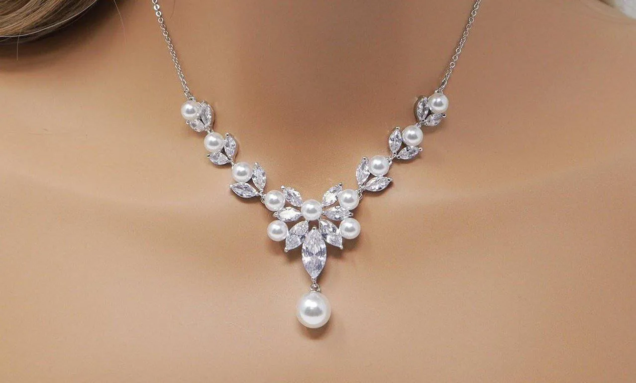 Swarovski Crystal Floral Pearl Leaves Necklace, Long Bridal Jewelry, Bridal Earrings And Necklace, Statement Earrings Cz Necklace Set.