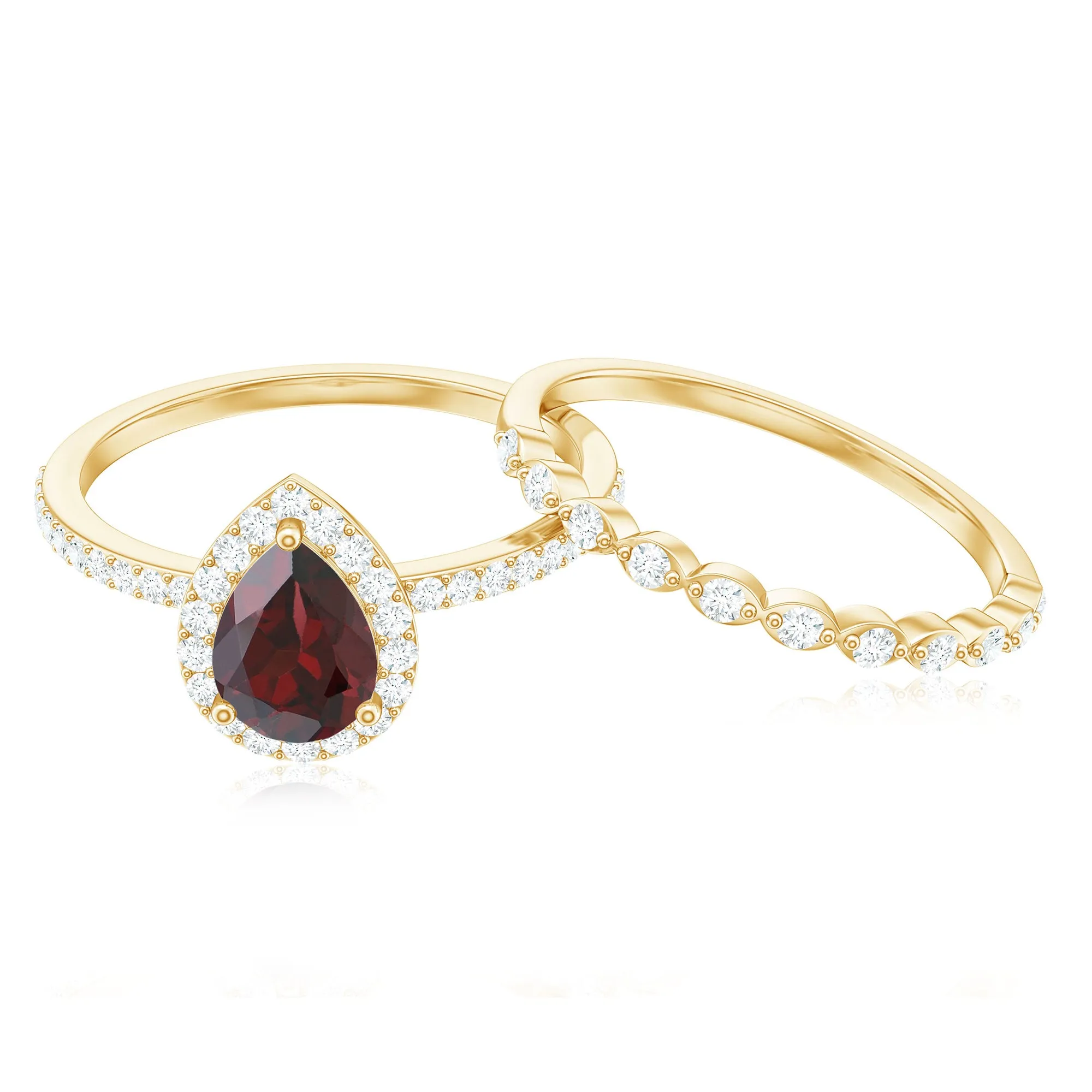 Teardrop Garnet Bridal Ring Set with Diamond