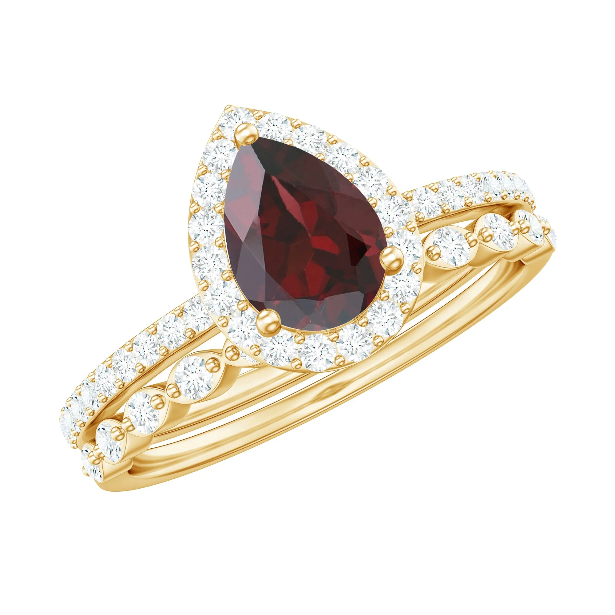 Teardrop Garnet Bridal Ring Set with Diamond