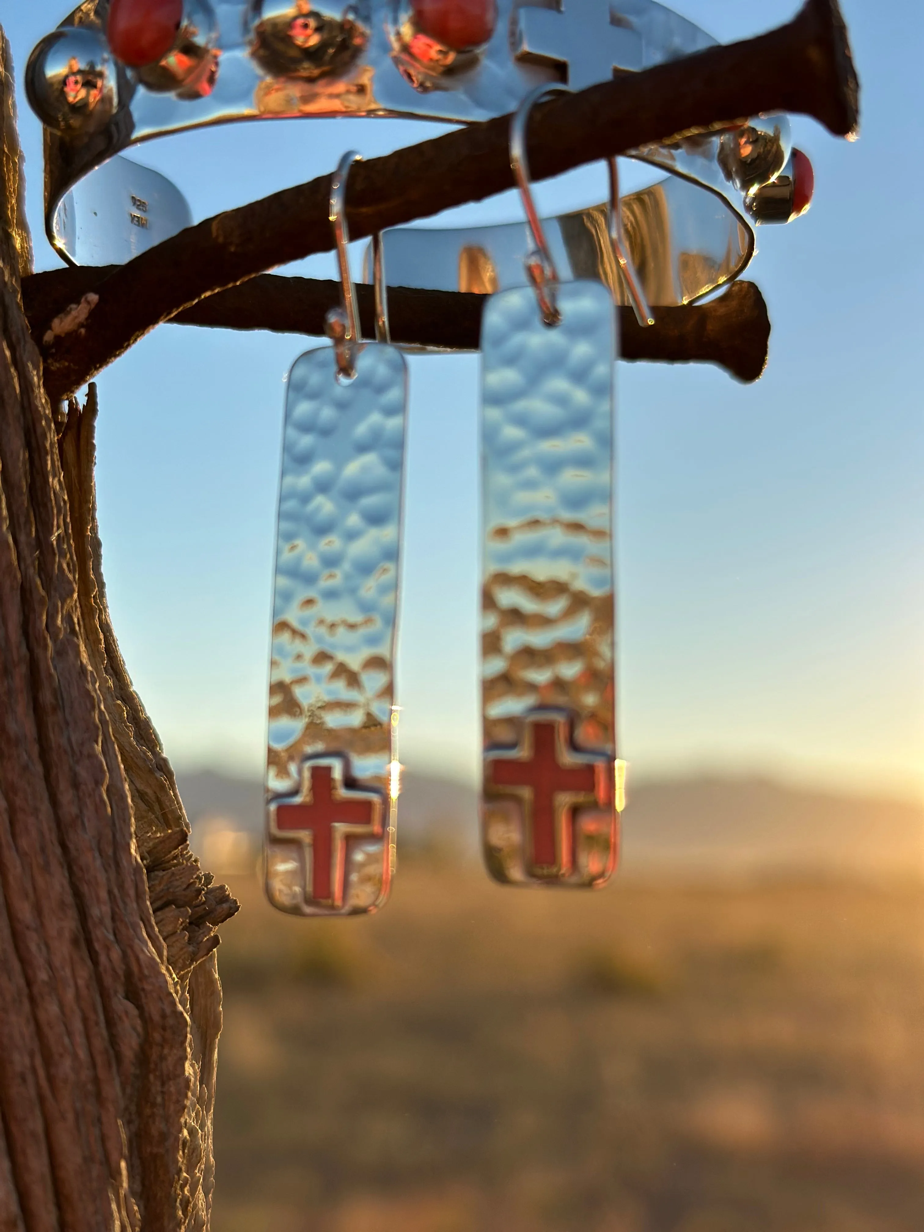 The Hammered Sterling Silver & Coral Cross Earring