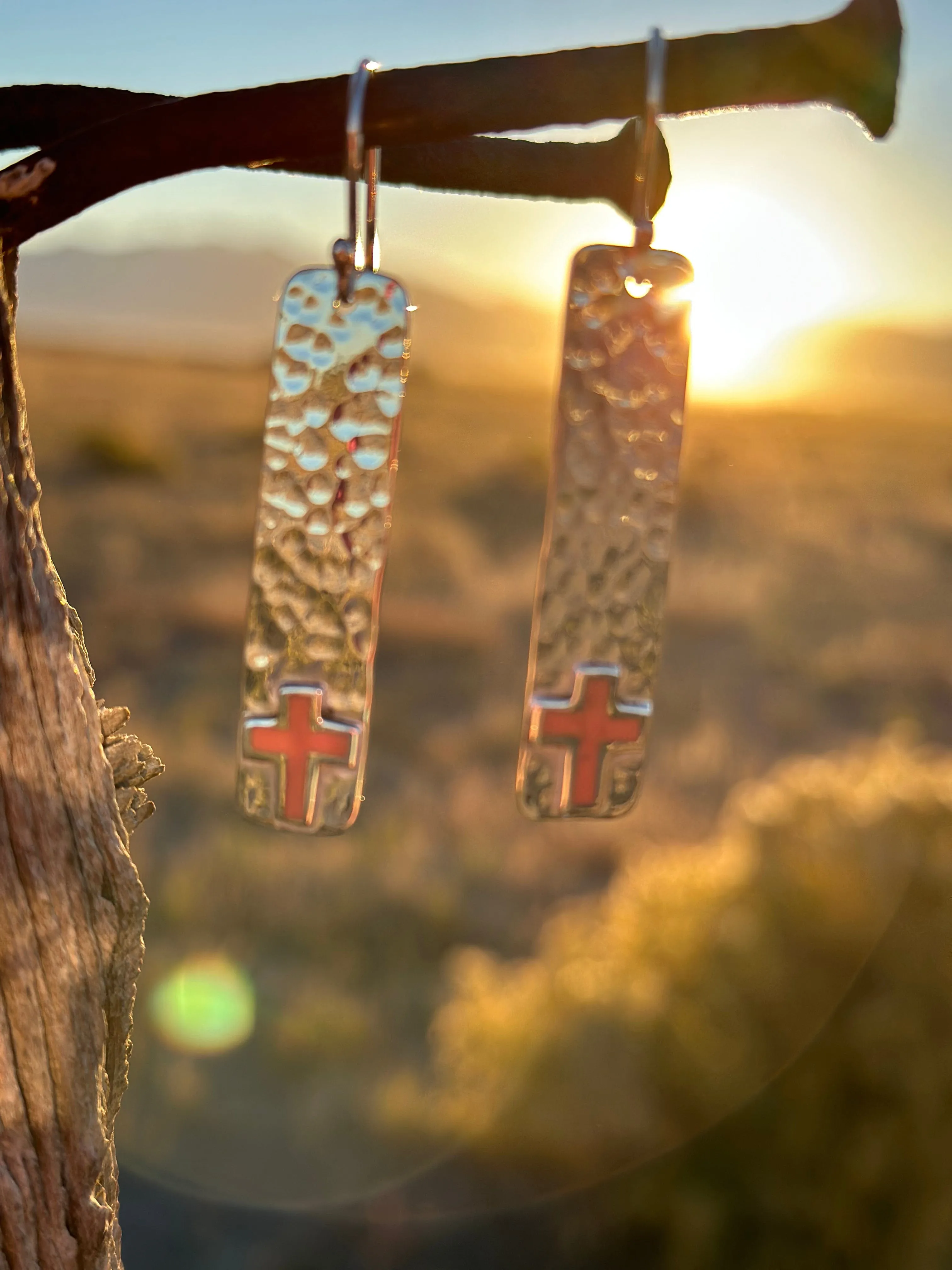 The Hammered Sterling Silver & Coral Cross Earring