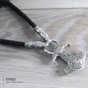 Thor's Hammer Necklace Silver Dragon Raven Black Leather Norse Viking Style