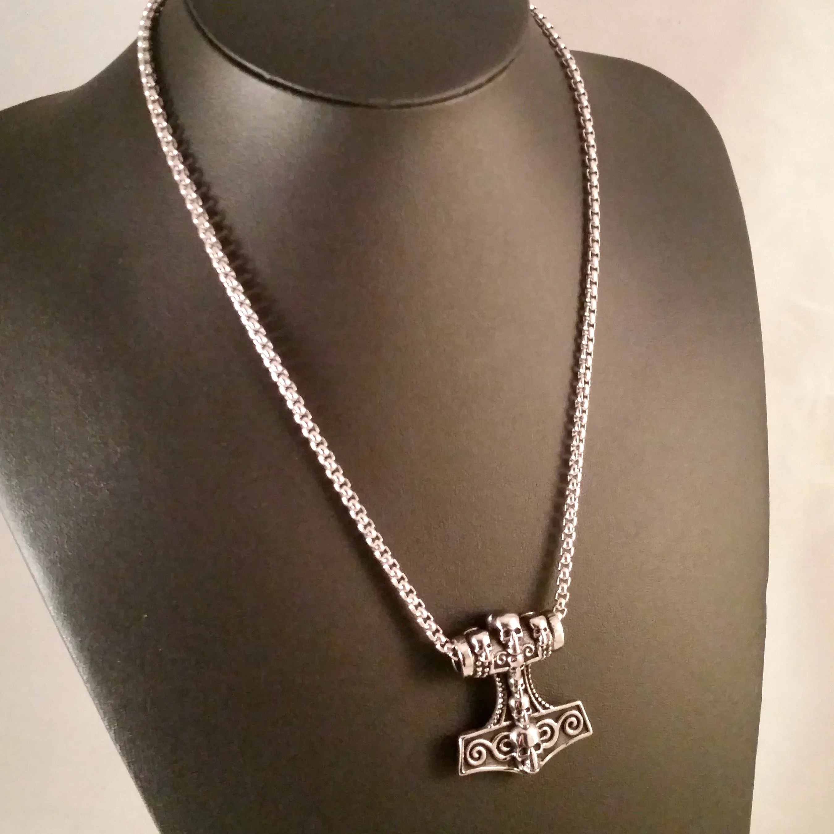 Thor's Hammer Necklace Silver Skulls Viking Style