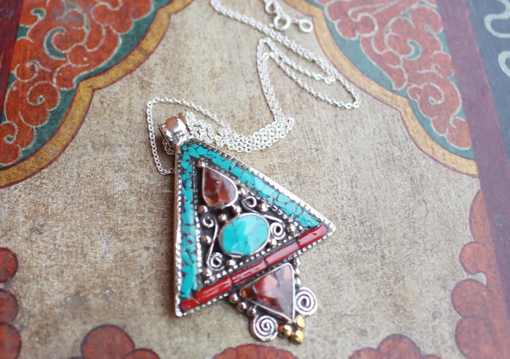 Traditional Tibetan Triangle Shape Turquoise and Coral Pendant