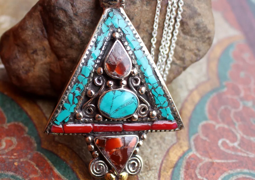 Traditional Tibetan Triangle Shape Turquoise and Coral Pendant