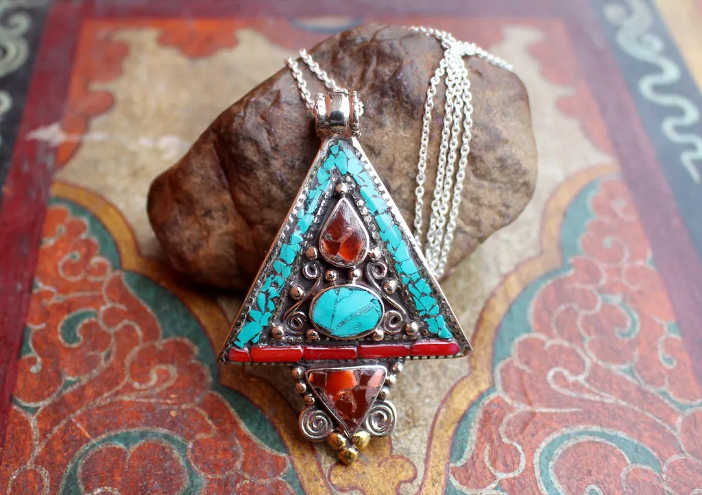 Traditional Tibetan Triangle Shape Turquoise and Coral Pendant