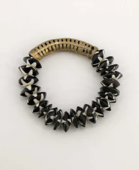 Tribal Black and White Clay and Brass Stretch Bracelet