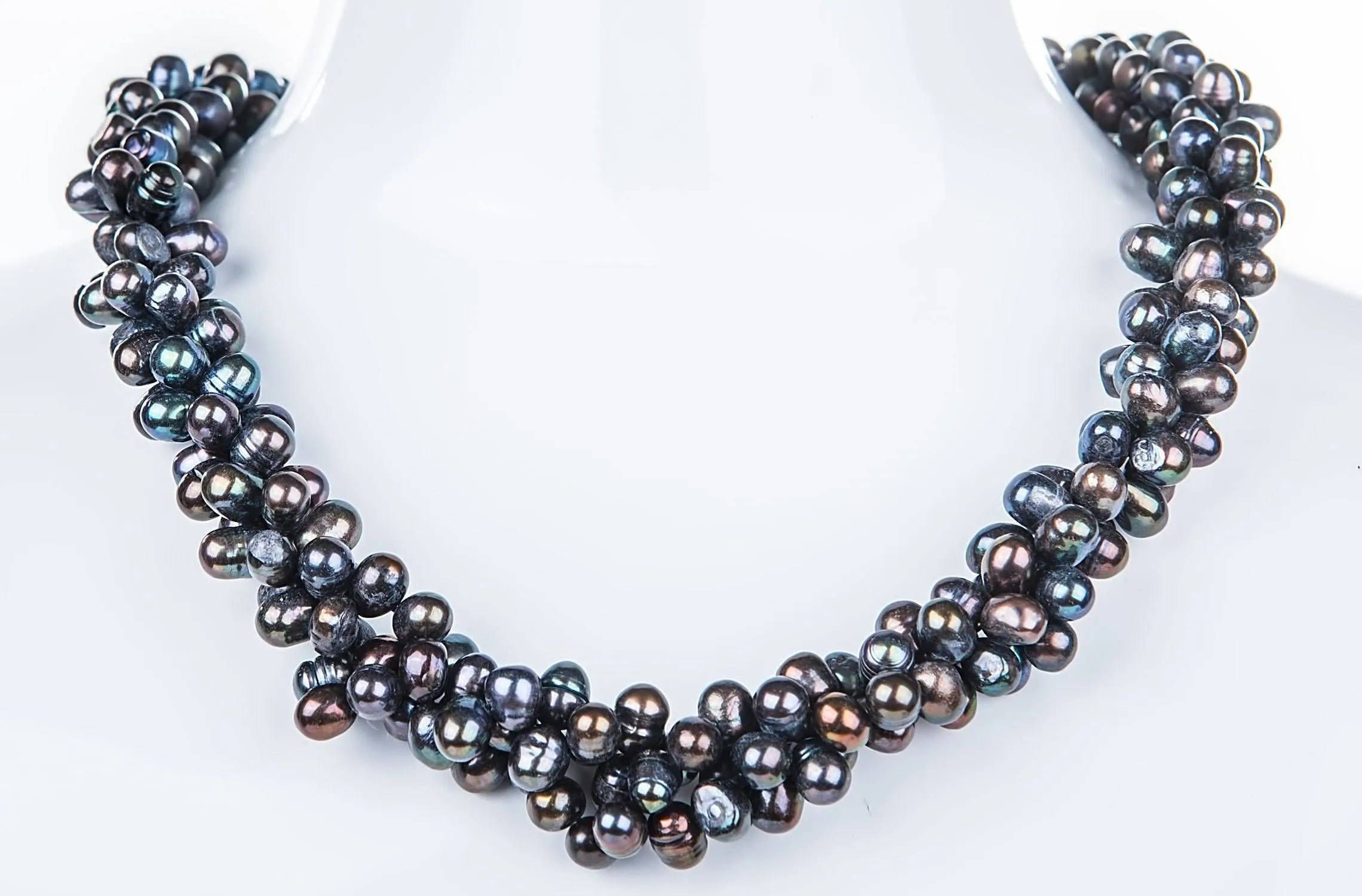 Triple Strand Twisted Dark Blue Freshwater Pearl Necklace