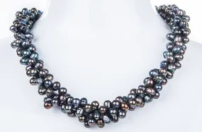 Triple Strand Twisted Dark Blue Freshwater Pearl Necklace