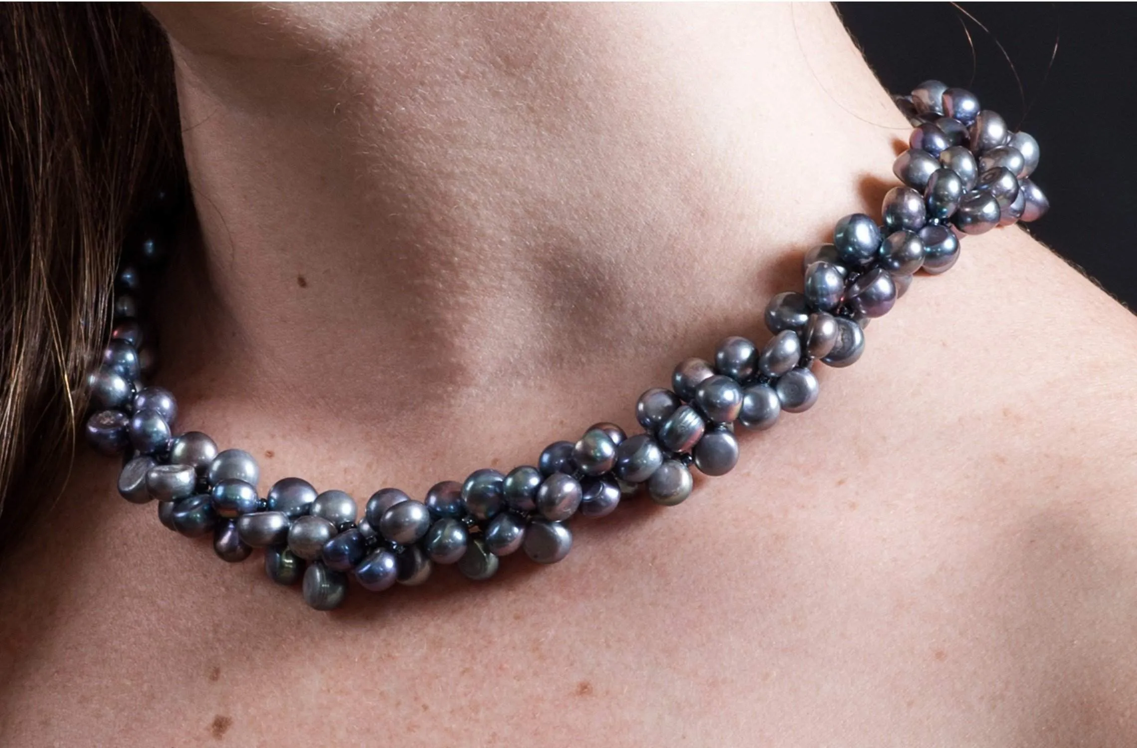 Triple Strand Twisted Dark Blue Freshwater Pearl Necklace