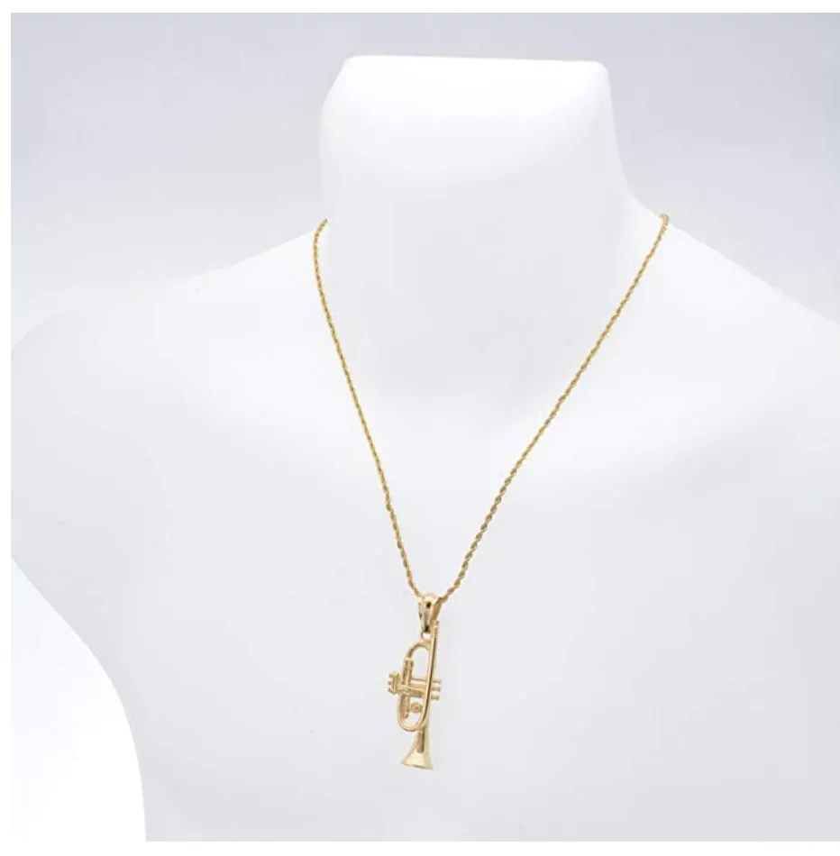 Trumpet Pendant Necklace Music Rope Twist Chain Trumpet Horn Gold Stainless Steel 24in.