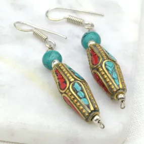 Turquoise & Coral Cone Tibetan Earrings