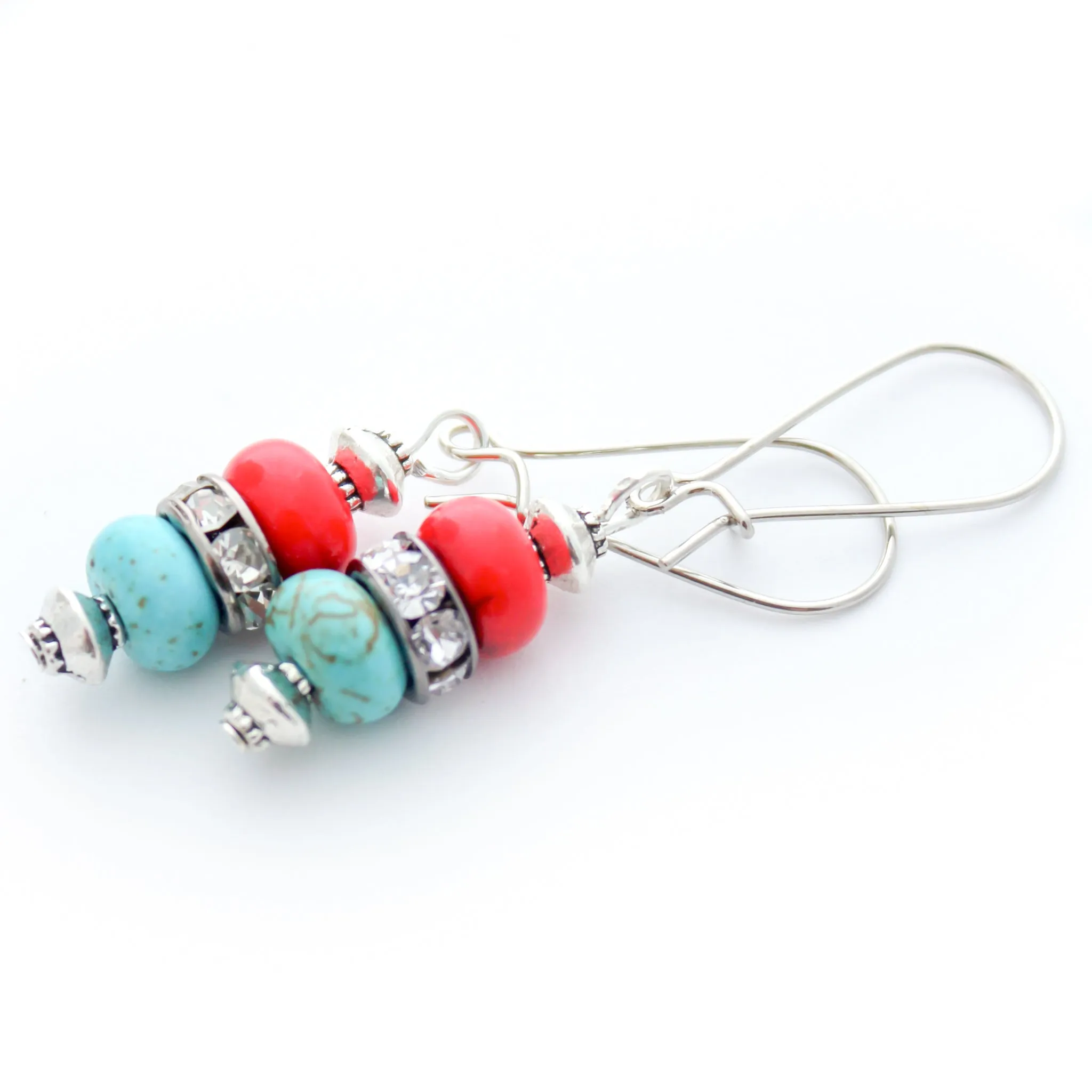 Turquoise & Coral Dangle Earrings