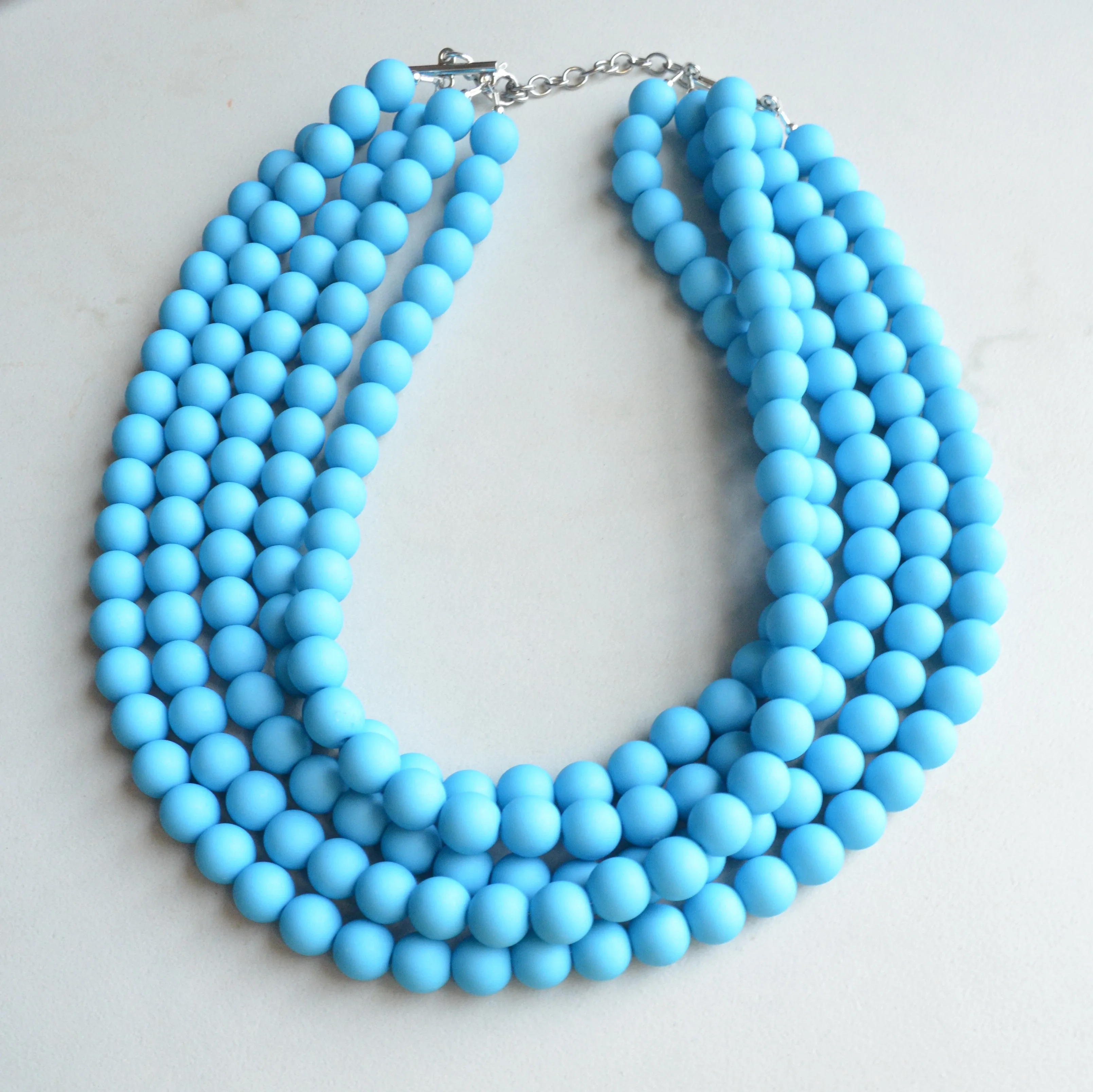 Turquoise Blue Matte Acrylic Bead Chunky Multi Strand Statement Necklace - Alana