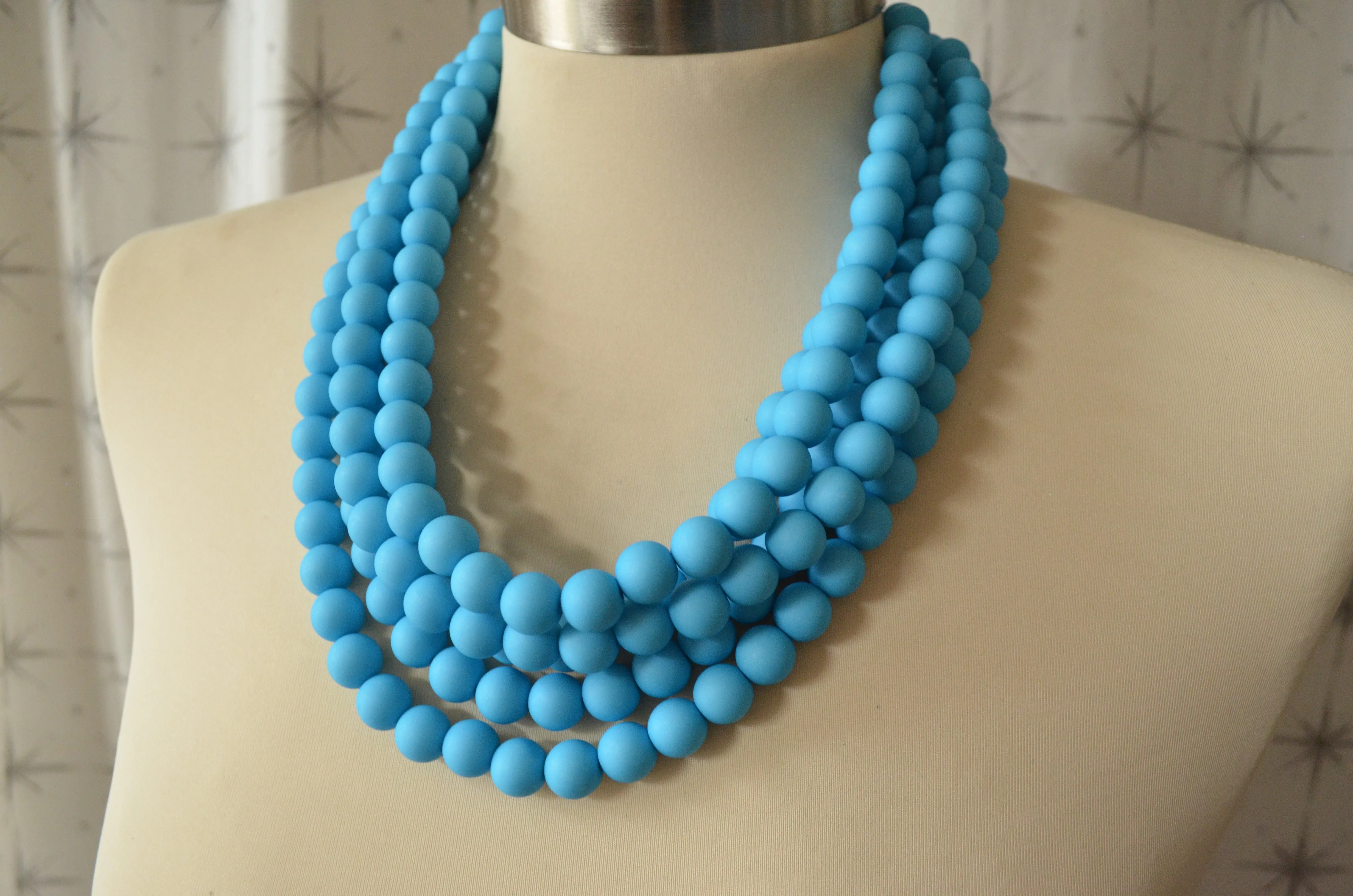 Turquoise Blue Matte Acrylic Bead Chunky Multi Strand Statement Necklace - Alana