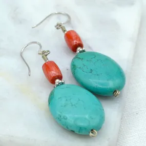 Turquoise Oval with Coral Bead Tibetan Earrings