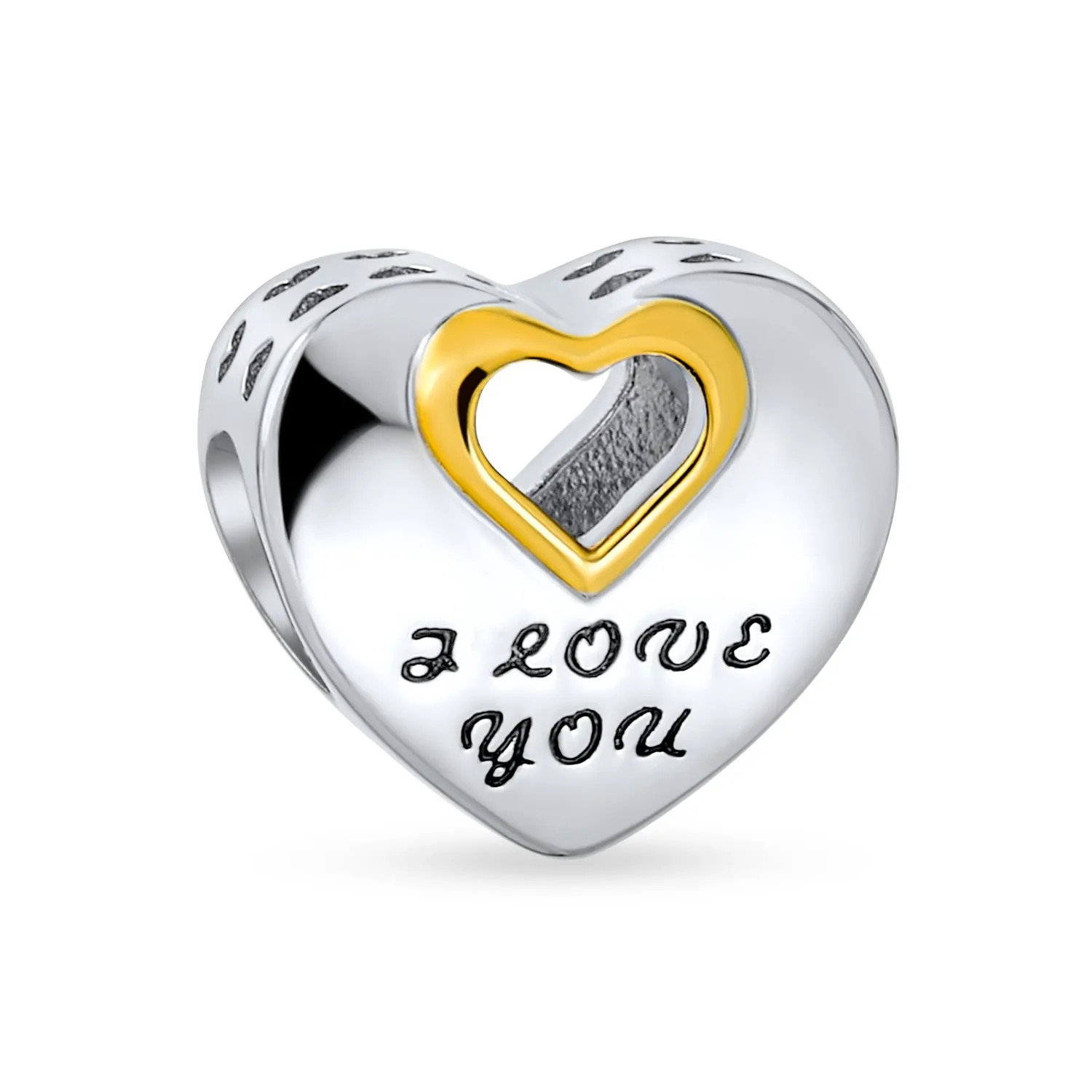 Valentine "I LOVE YOU" Heart Charm Bead Two-Tone 14K Gold Fits European Bracelet