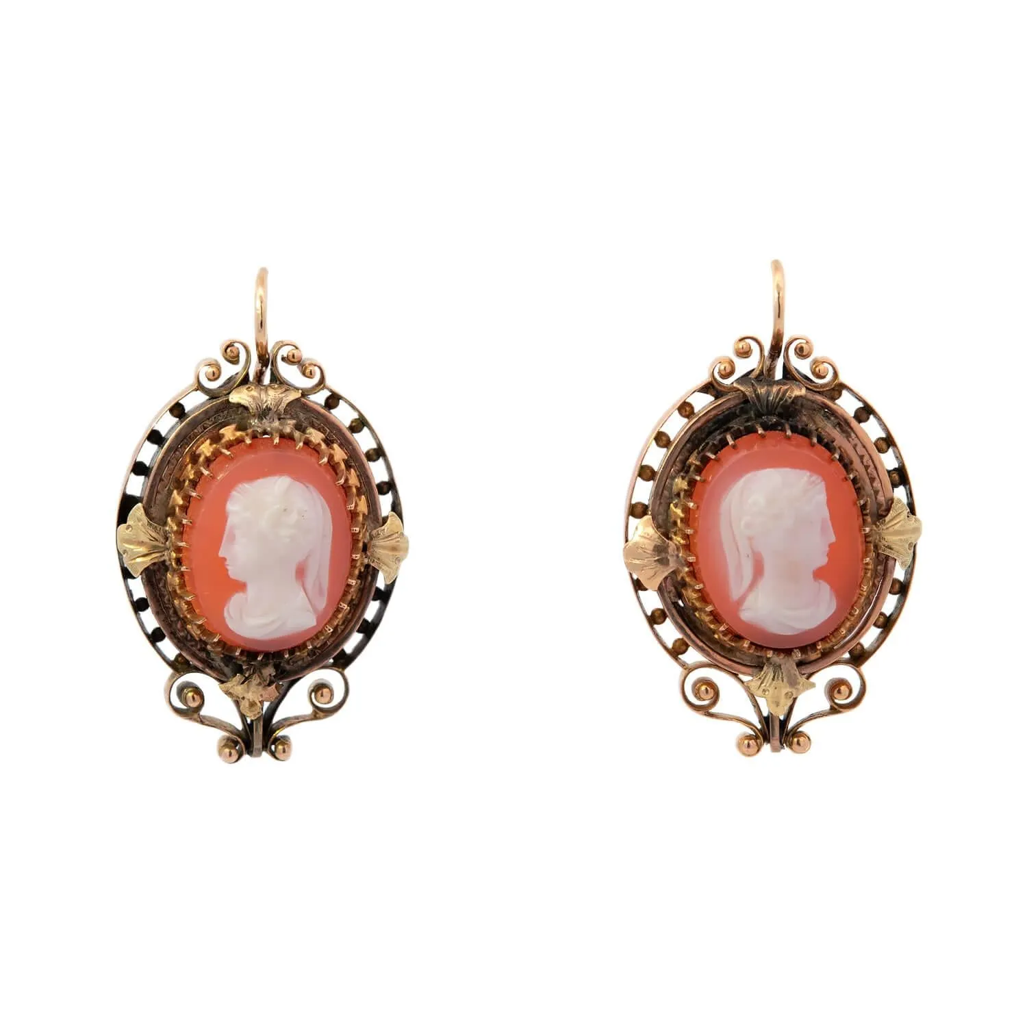 Victorian 14k Sardonyx Hardstone Lady Faces Cameo Earrings