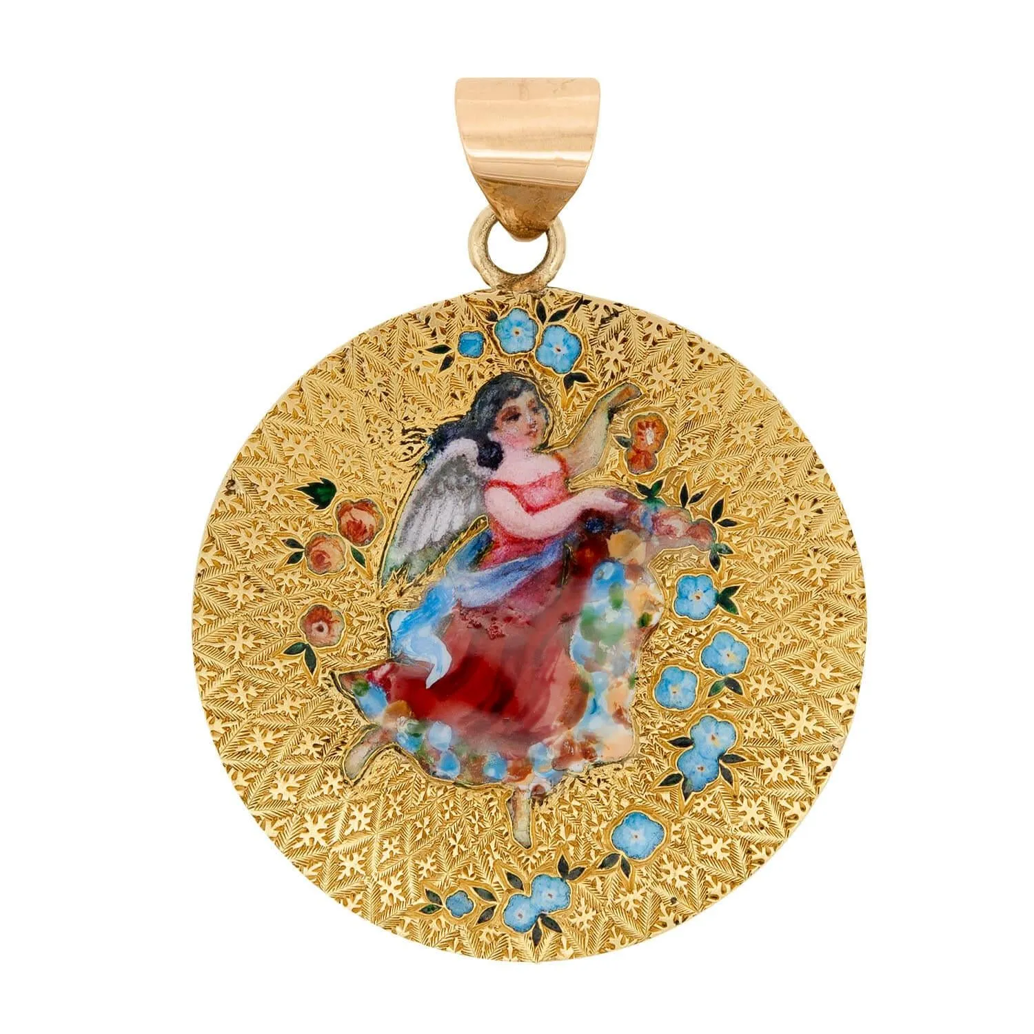 Victorian 18k/14k Enameled Angel Round Pendant