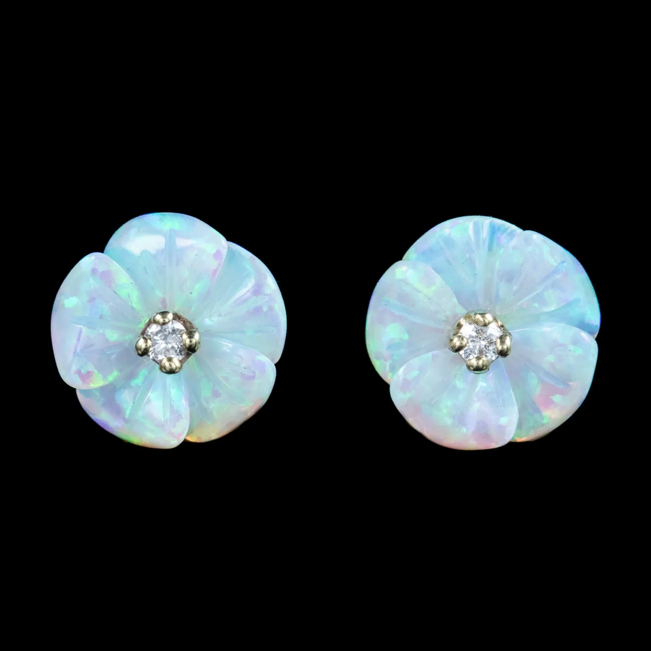 Victorian Style Opal Diamond Flower Stud Earrings 9Ct Yellow Gold