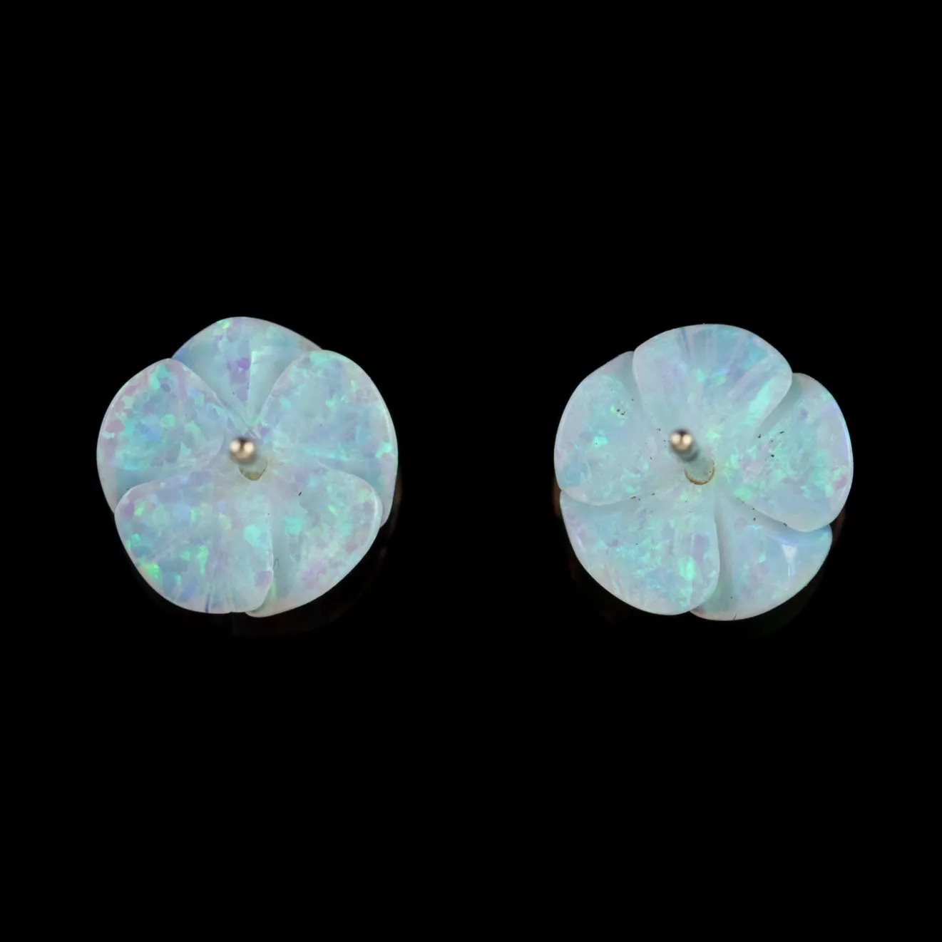 Victorian Style Opal Diamond Flower Stud Earrings 9Ct Yellow Gold