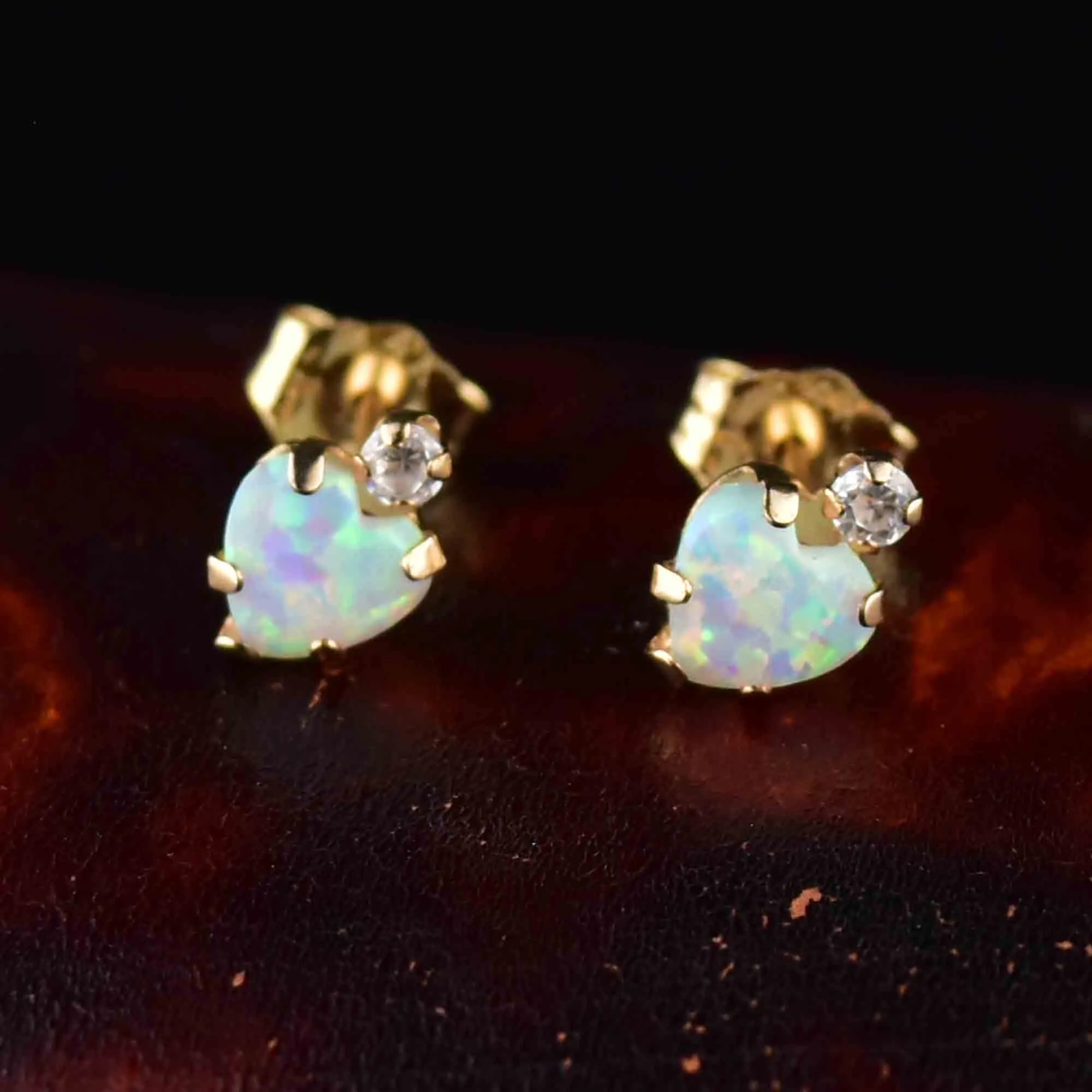 Vintage 10K Gold Opal Heart Stud Earrings