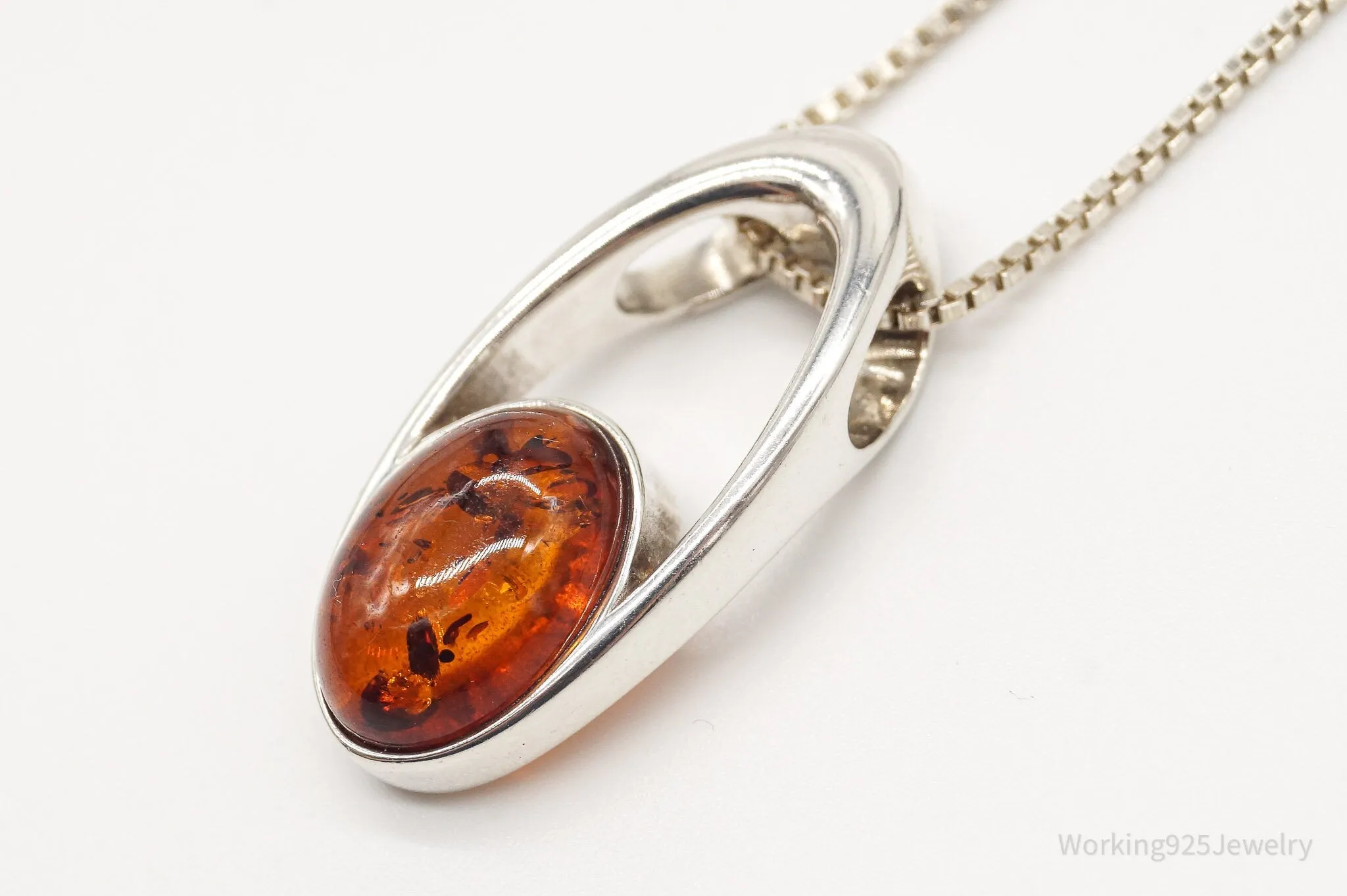 Vintage Amber Modernist Sterling Silver Chain Necklace