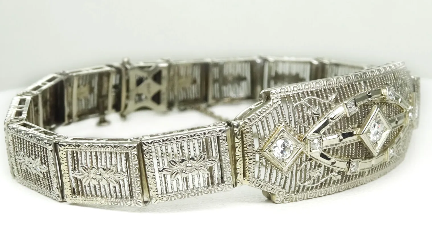 Vintage Art Deco 14k White Gold Diamond Station Bracelet