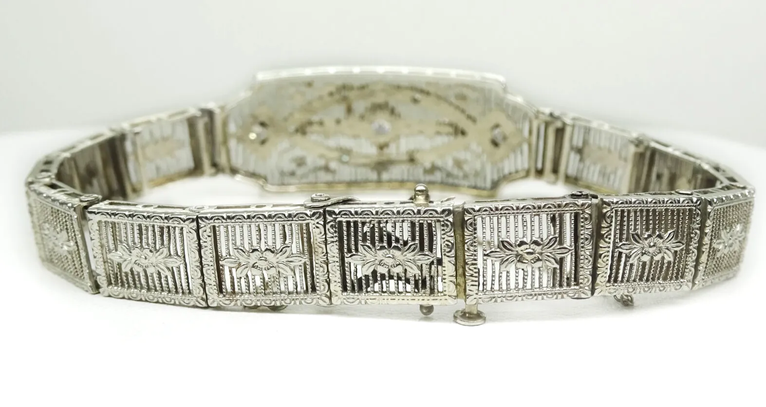 Vintage Art Deco 14k White Gold Diamond Station Bracelet