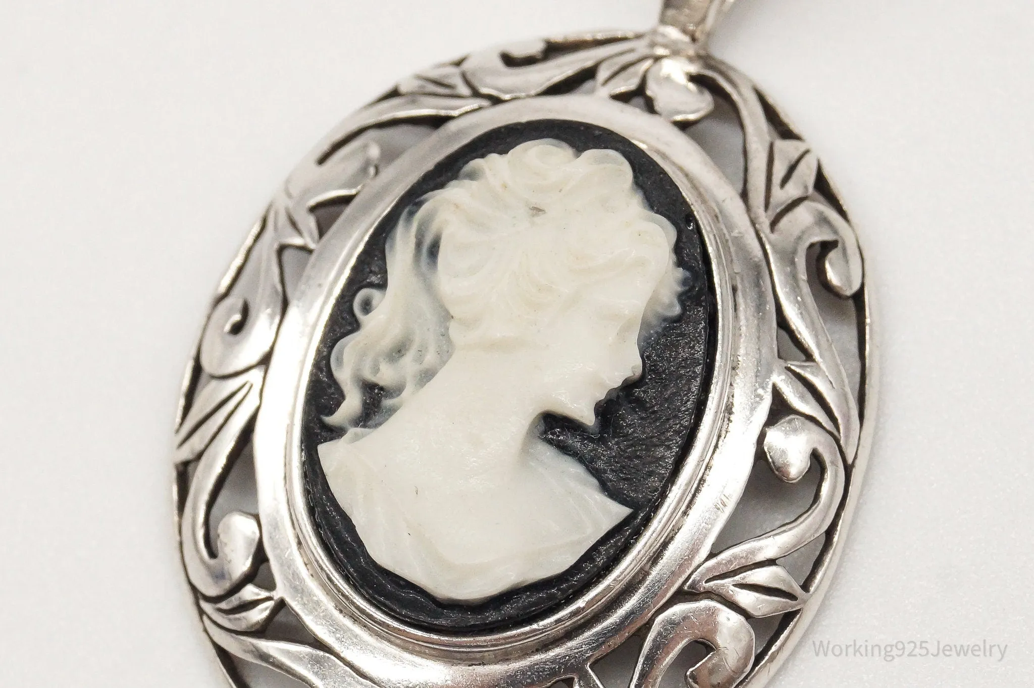 Vintage Designer Jezlaine Carved Cameo Woman Sterling Silver Pendant