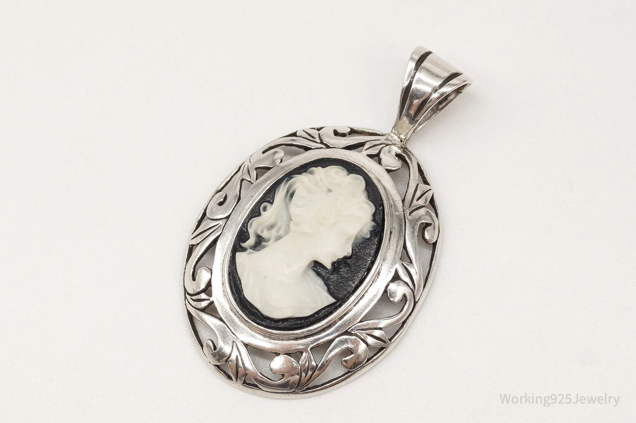 Vintage Designer Jezlaine Carved Cameo Woman Sterling Silver Pendant