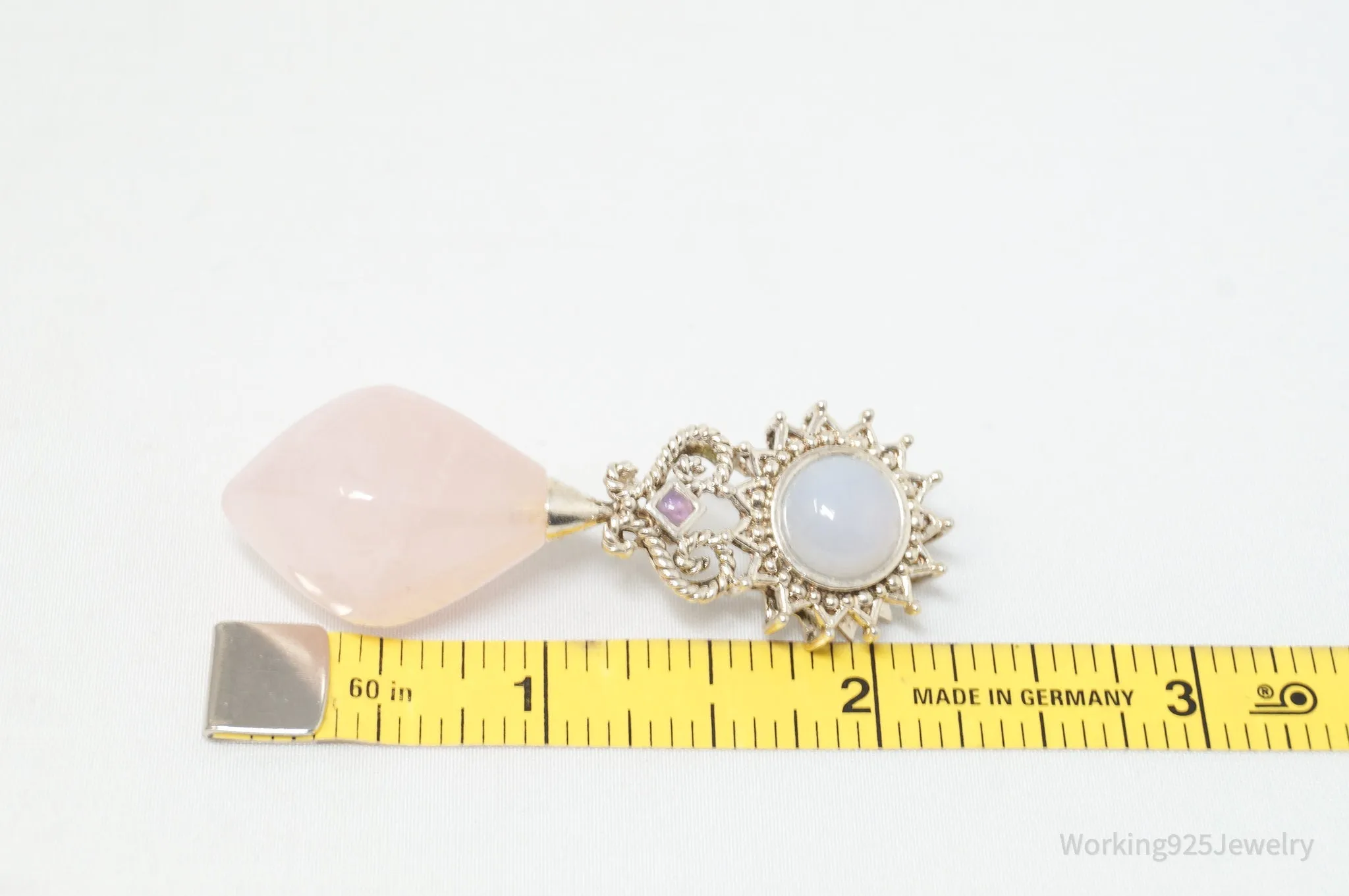 Vintage Designer MRF Rose Quartz Amethyst Sterling Silver Necklace Pendant