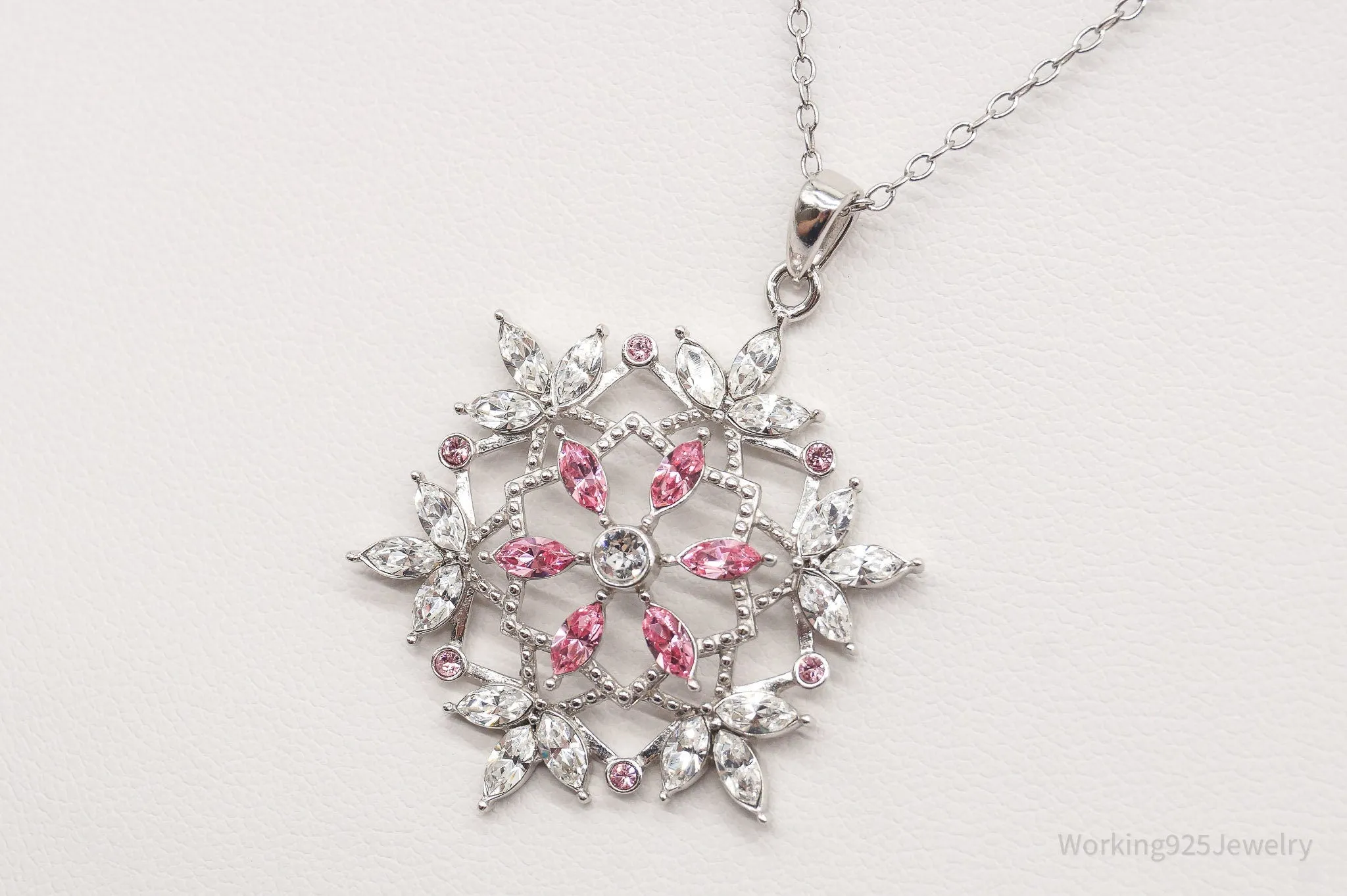 Vintage Designer RL Pink & White Crystal Snowflake Sterling Silver Necklace