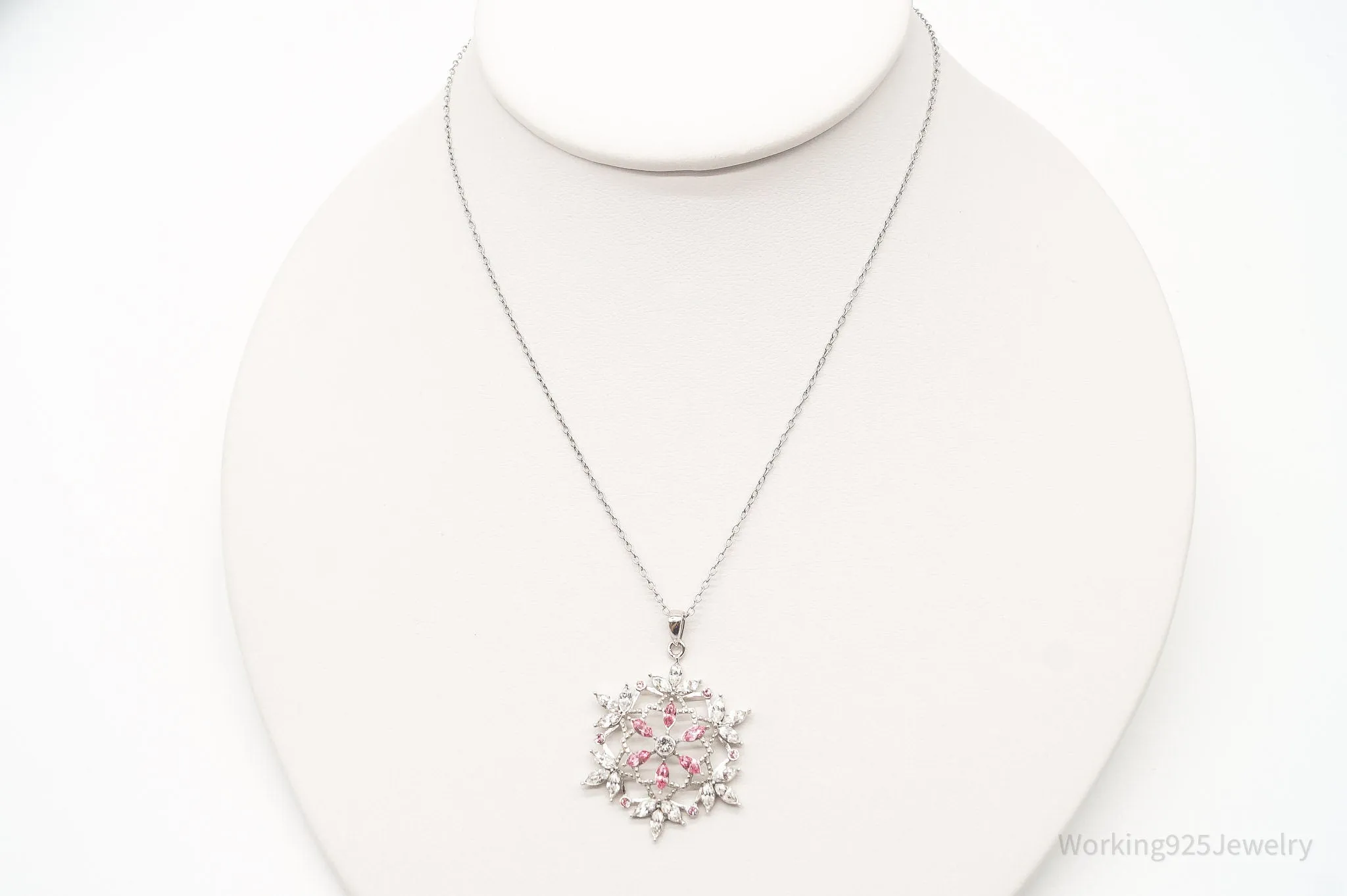 Vintage Designer RL Pink & White Crystal Snowflake Sterling Silver Necklace