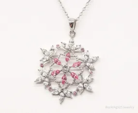 Vintage Designer RL Pink & White Crystal Snowflake Sterling Silver Necklace