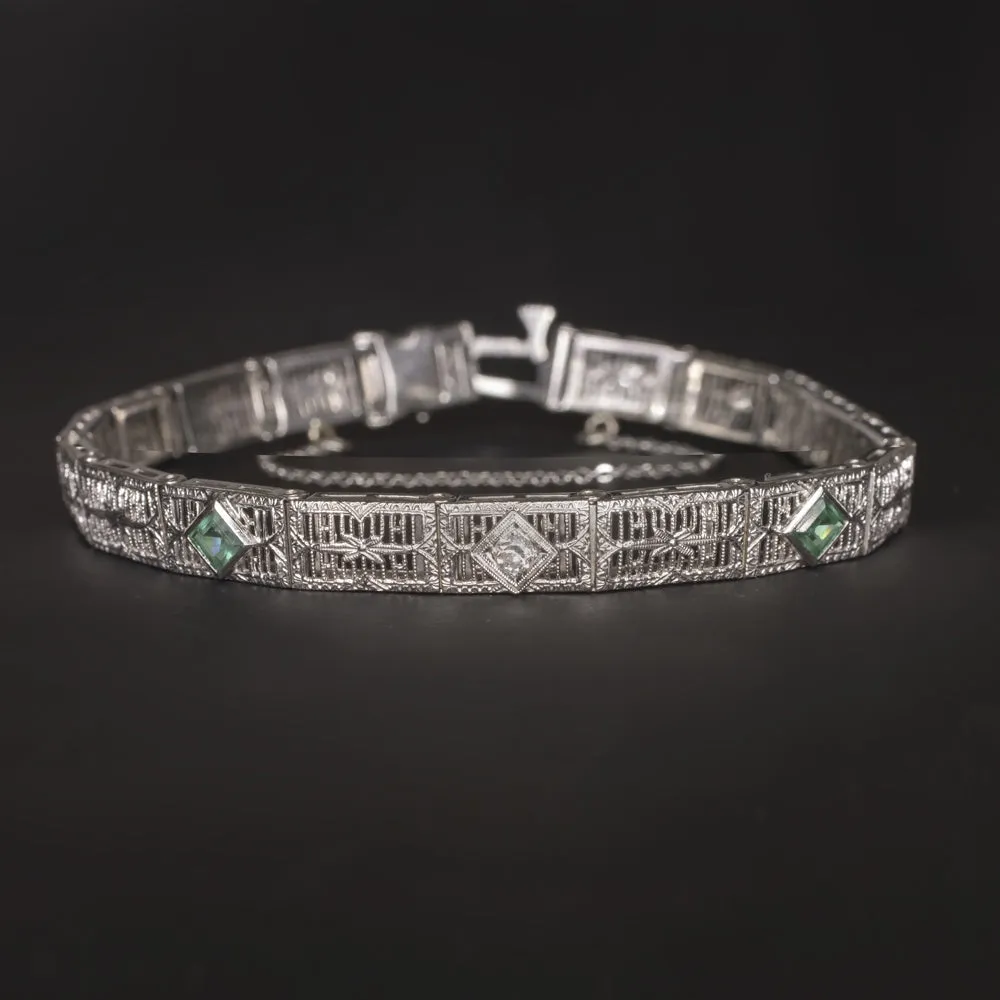 VINTAGE DIAMOND EMERALD 14k WHITE GOLD BRACELET FILIGREE ART DECO GREEN ESTATE