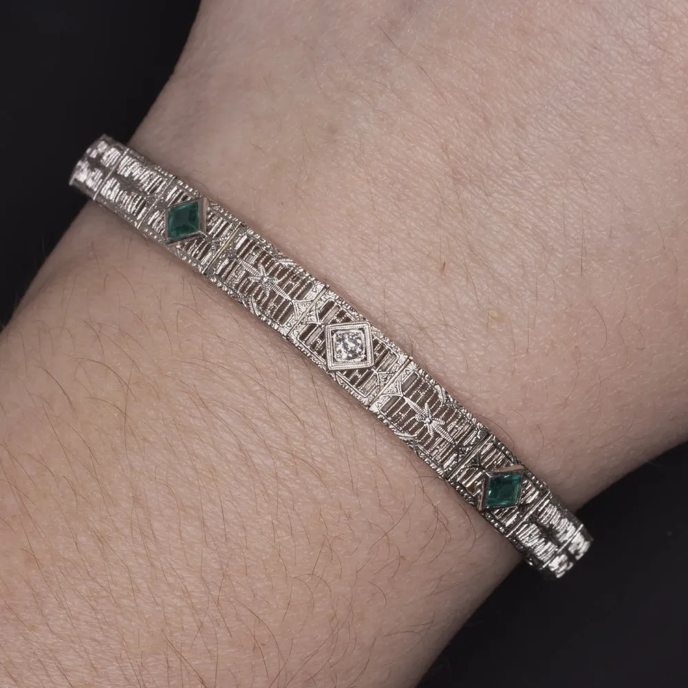 VINTAGE DIAMOND EMERALD 14k WHITE GOLD BRACELET FILIGREE ART DECO GREEN ESTATE