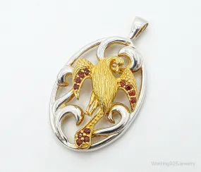 Vintage Garnet Bird Cut Out Gold Vermeil Sterling Silver Necklace Pendant