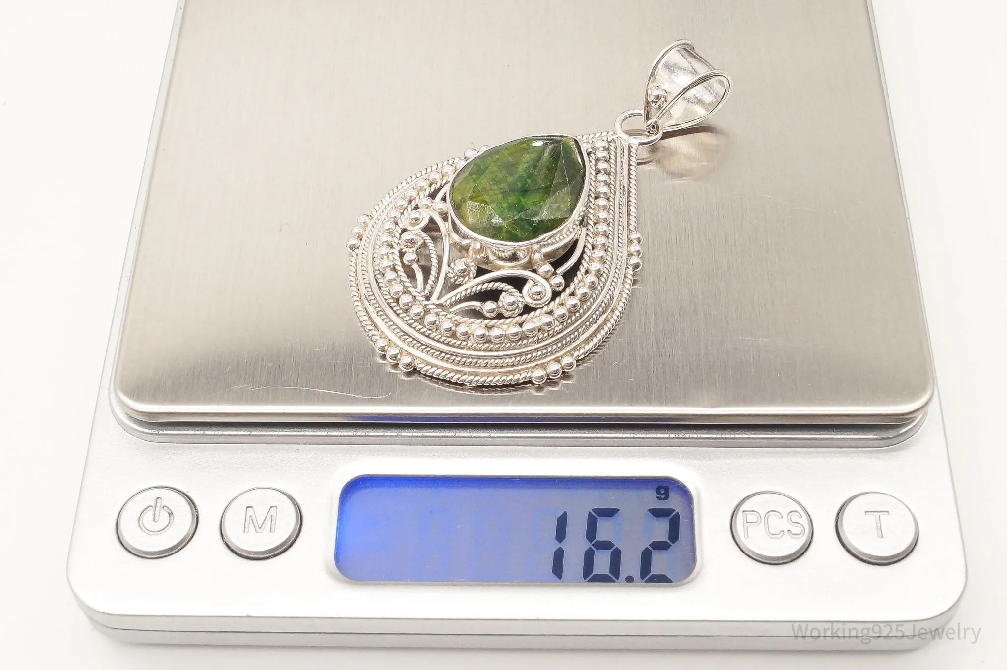 Vintage Large Green Stone Sterling Silver Pendant