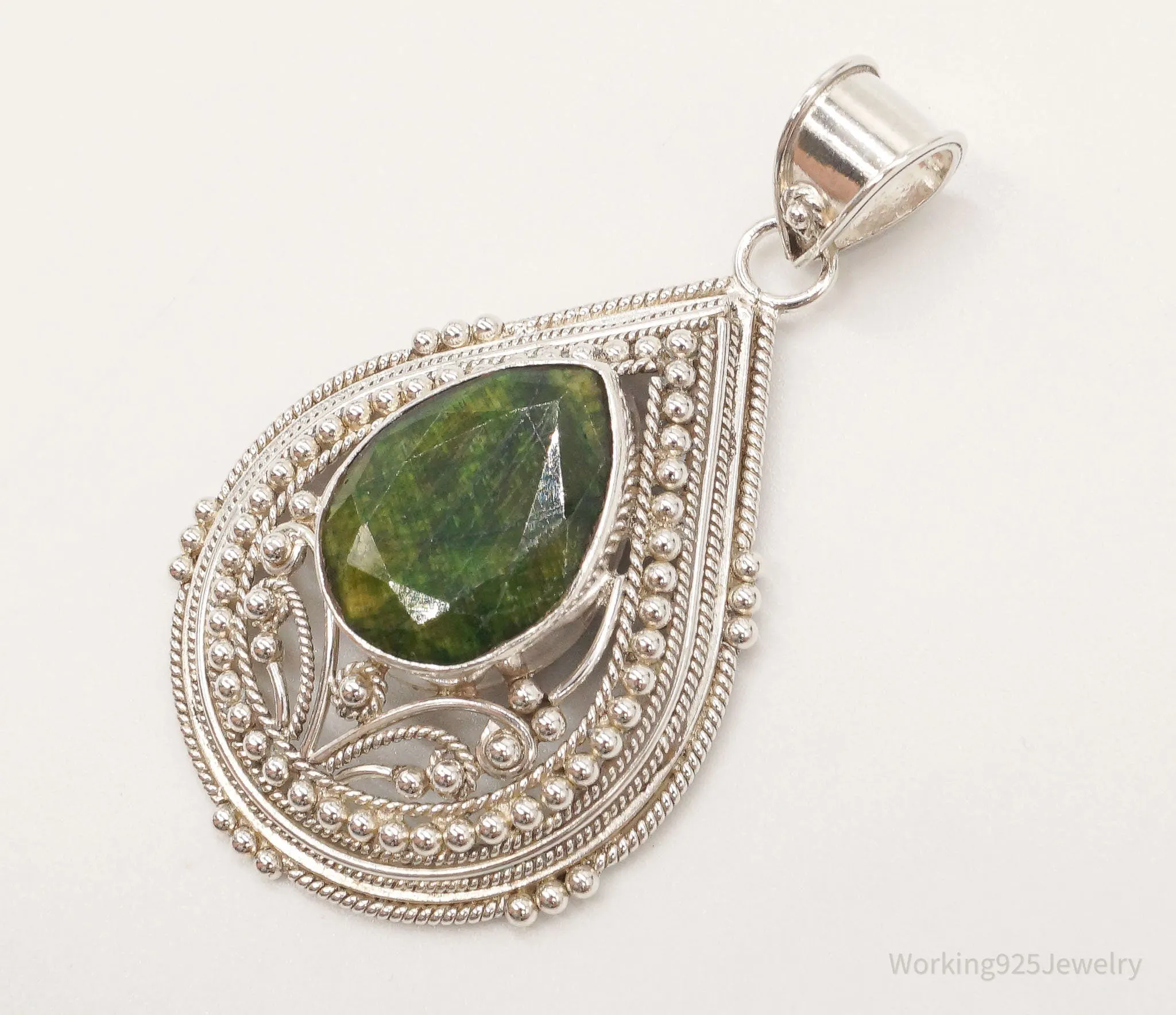 Vintage Large Green Stone Sterling Silver Pendant