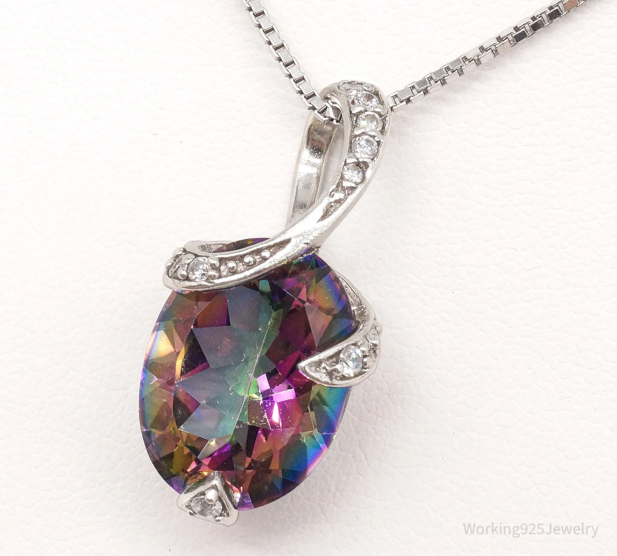 Vintage Large Mystic Topaz Cubic Zirconia Sterling Silver Necklace 18"