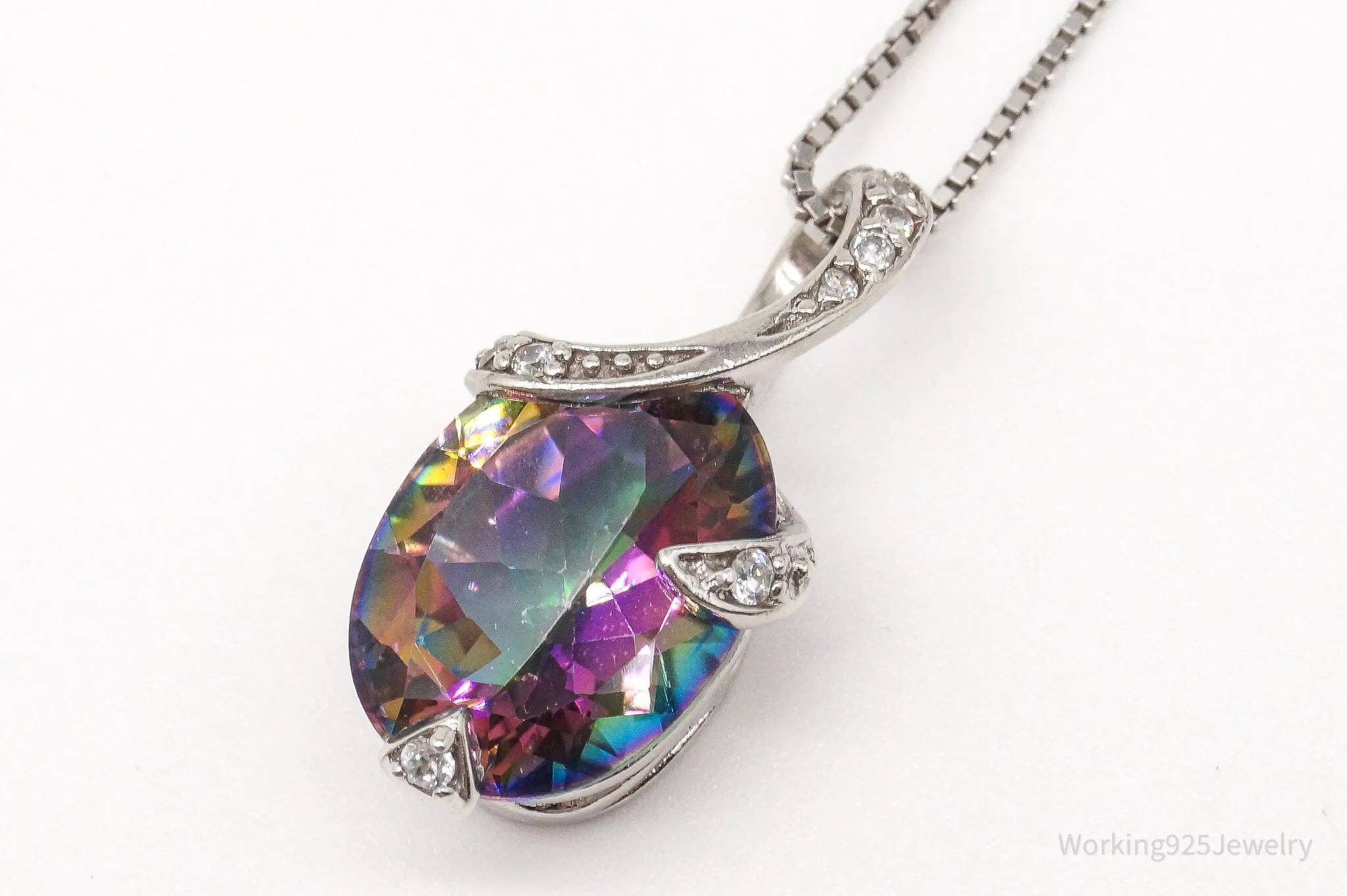 Vintage Large Mystic Topaz Cubic Zirconia Sterling Silver Necklace 18"