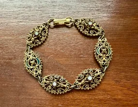 Vintage Signed Florenza Gold Tone Enamel Moonstone Bead Panel Bracelet Filigree