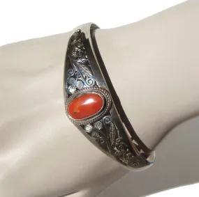 Vintage Sterling Silver & Red Coral Openwork Cuff Bracelet Sz 7.75