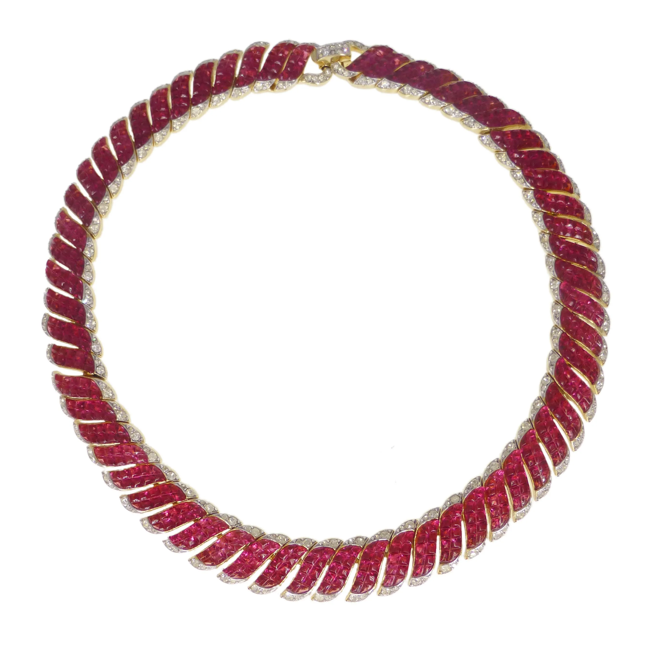 Vintage Trifari Invisible Set Red Glass Collar Necklace