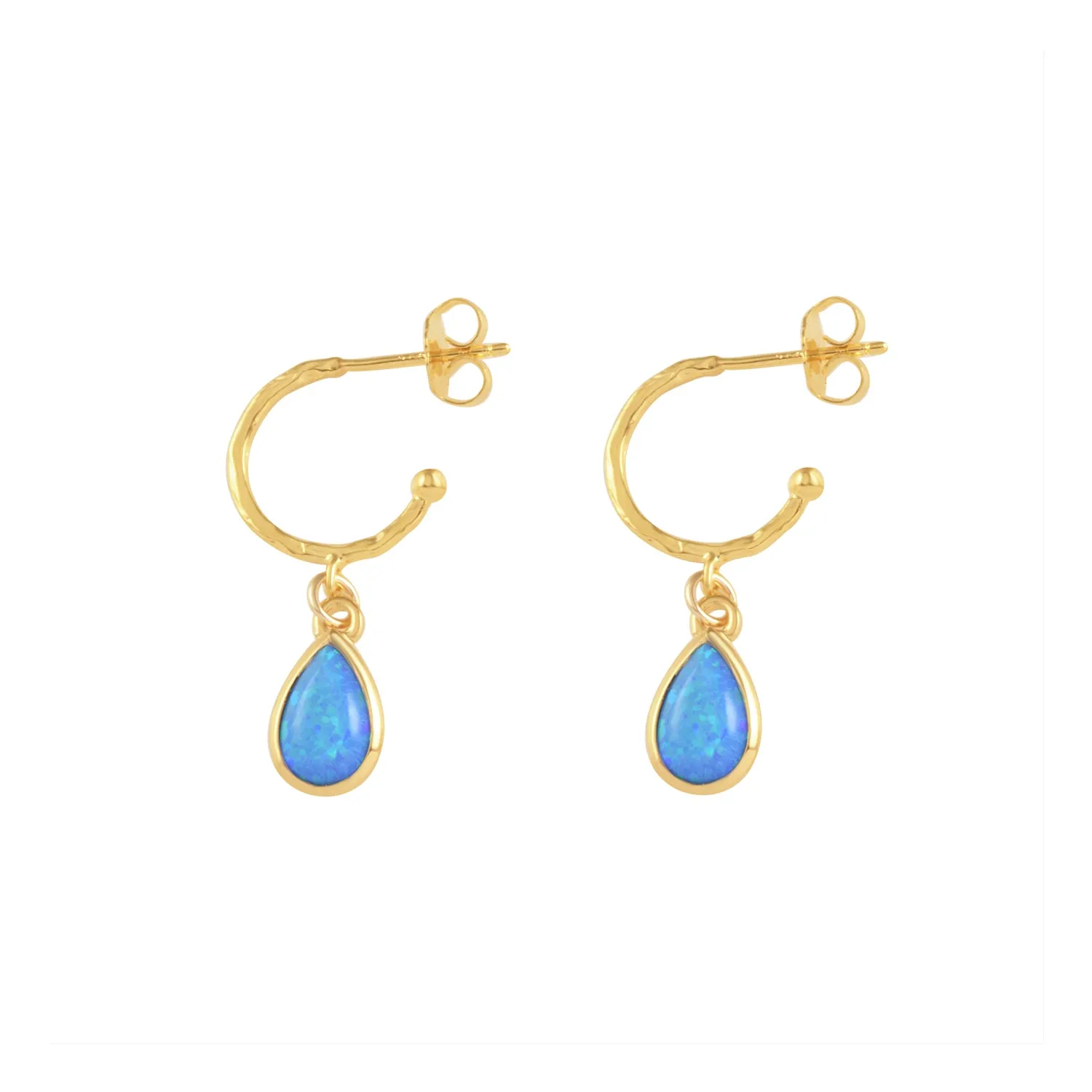 Von Treskow Yg Plated Hammered Open Hoop Studs w Pear Blue Czelline Opal - Gold